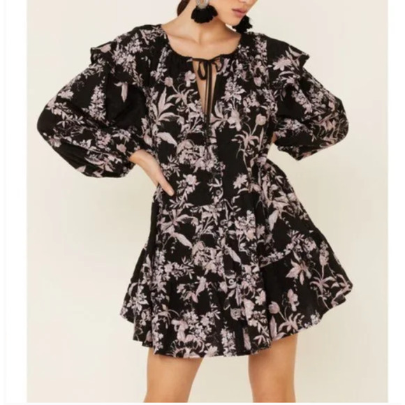 Free People Mini Dress XS Black Floral Flowy Whimsigoth Fairy Boho Ruffle - Picture 1 of 10